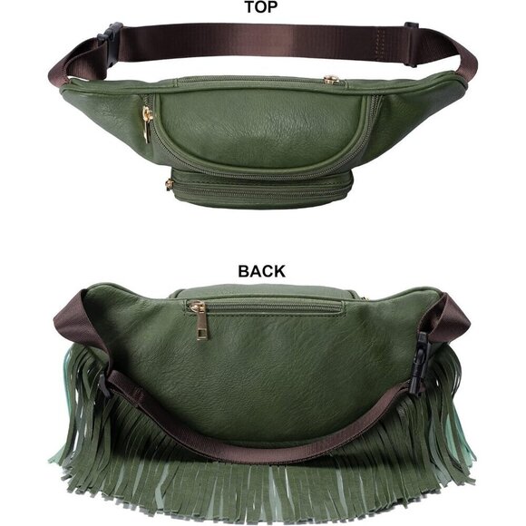 💫 Women Green Fringe Multi Zipper Pockets Trendy Style Casual Wear Waist bag - Picture 4 of 9